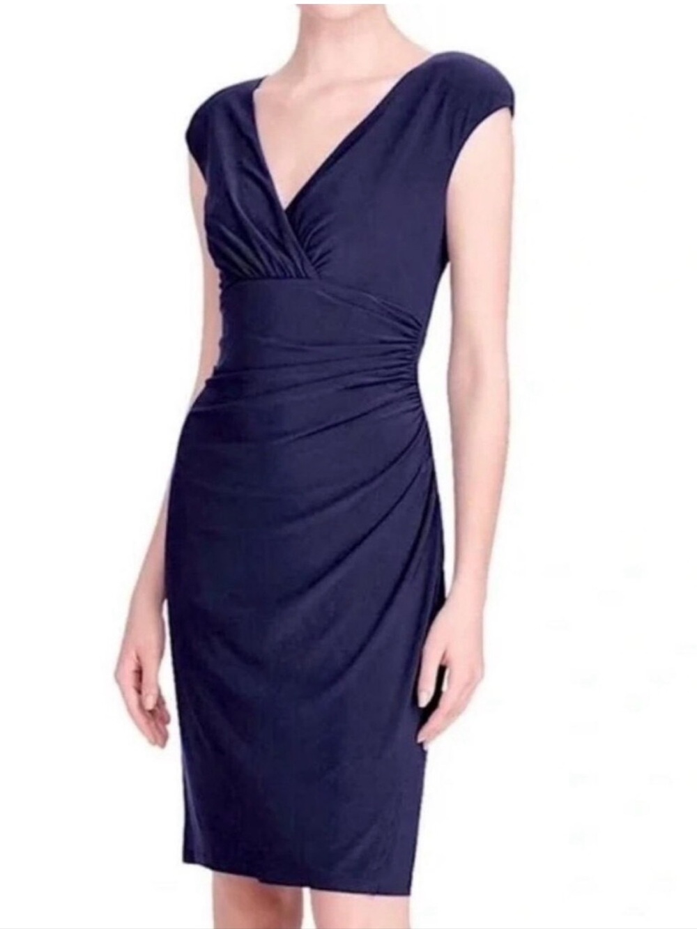 Lauren Ralph Lauren Classic Navy Ruched V-Neck Sheath Dress